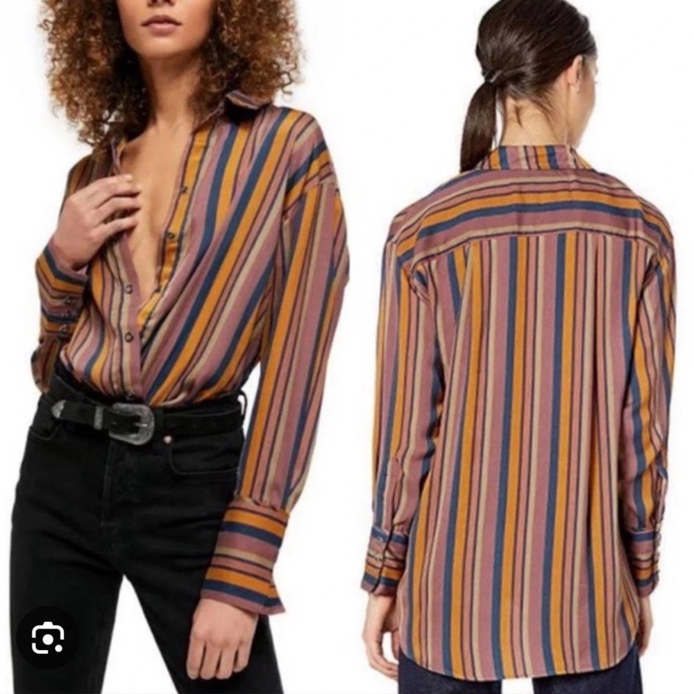 F1 Free people We The Free Medium All Smiles Satin Stripe Snap Button Blouse